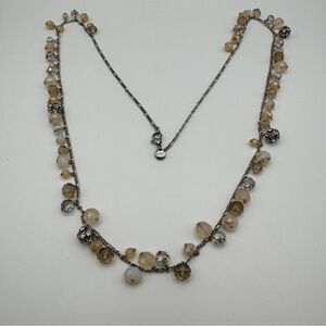 LOFT Necklace 36” Silver Tone Champagne Brown Glass Beads Long Crystal Jewelry